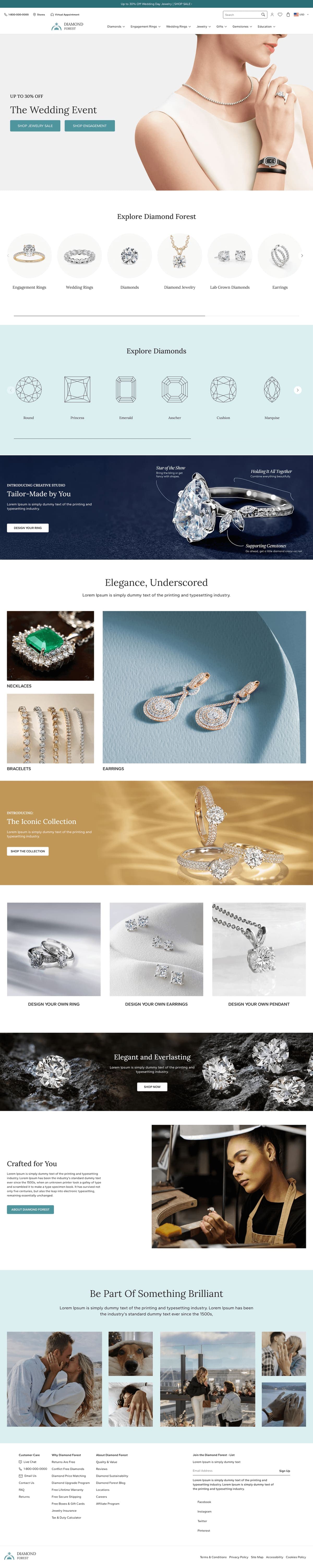 Full Diamond Forest landing page design: promo bar, mega menu, Wedding Event hero, categories, diamond shapes, tailor-made, collections, design your own, crafted for you, social gallery and footer