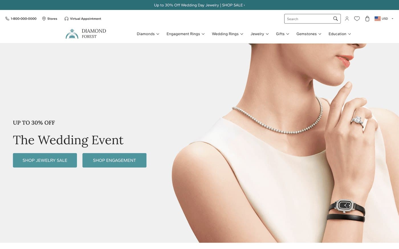 Diamond Forest jewellery website hero: The Wedding Event, up to 30% off