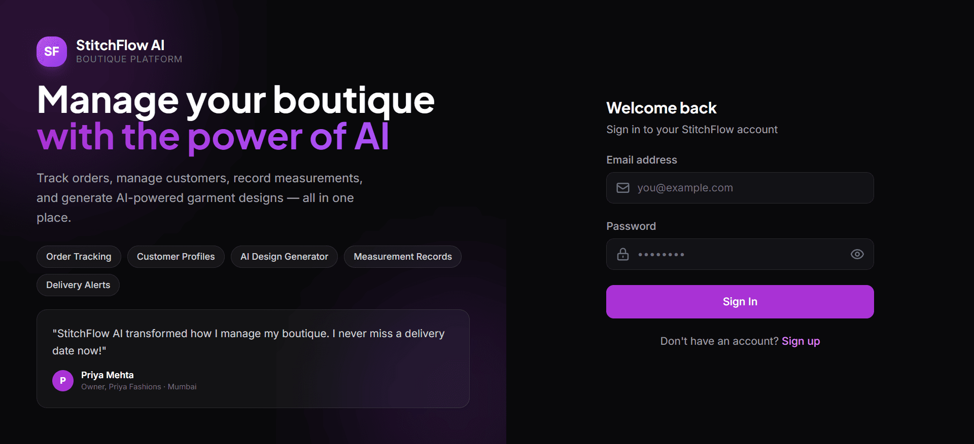 StitchFlow AI sign-in screen: Manage your boutique with the power of AI